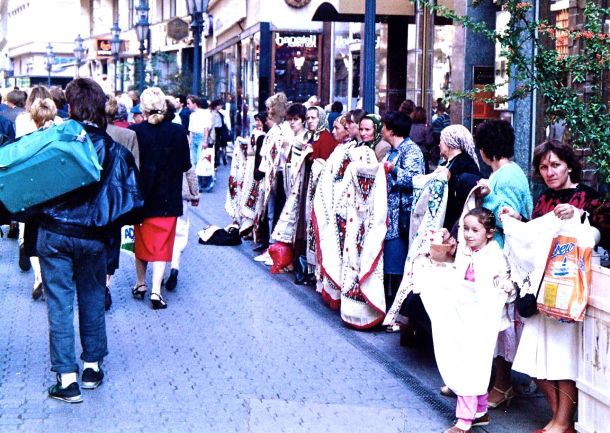 The Budapest Lace Ladies 1990. Do you see the first woman holding the small, white lace tablecloth. I now own that! I bought it that day and have loved it ever since.