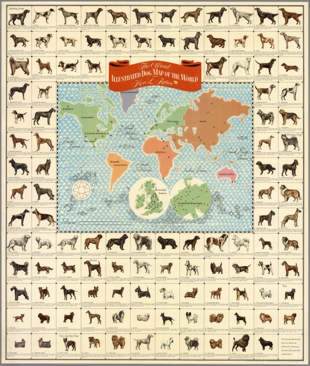 Quaker Oats Illustrated Dog Map of the world - zoom in for wonderful summary characteristics of each breed.