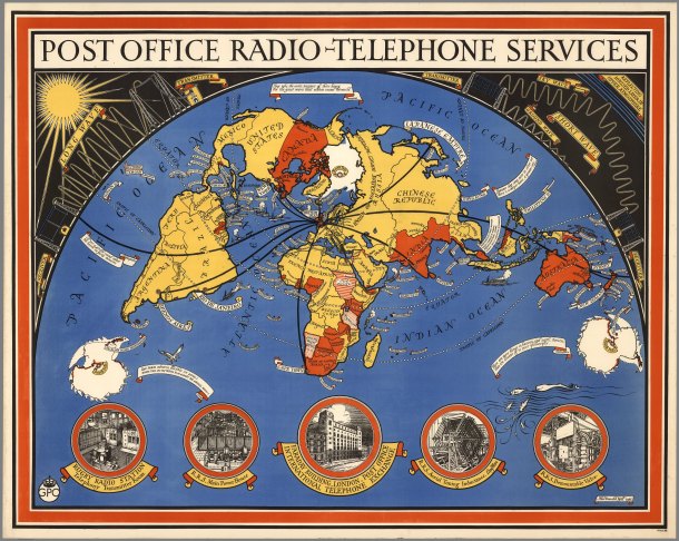 Radio-Telephone services from London in 1935. “They take the rustic murmur of their bourg, For the great wave that echoes round the world.” —Tennyson