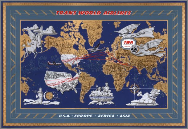 TWA poster: from 1946 showing TWA’s principle routes. Note the mythological and zodiac scenes, as well as details from each country