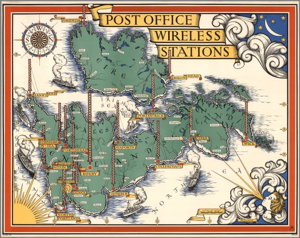 Wireless Stations: A 1939 map of wireless stations in the UK. Right before the outbreak of WWII, these stations were a very big deal. Note: North is on the right, not at the top.