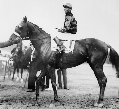 Sir Barton and jockey Johnny Loftus, 1919 Preakness Stakes.